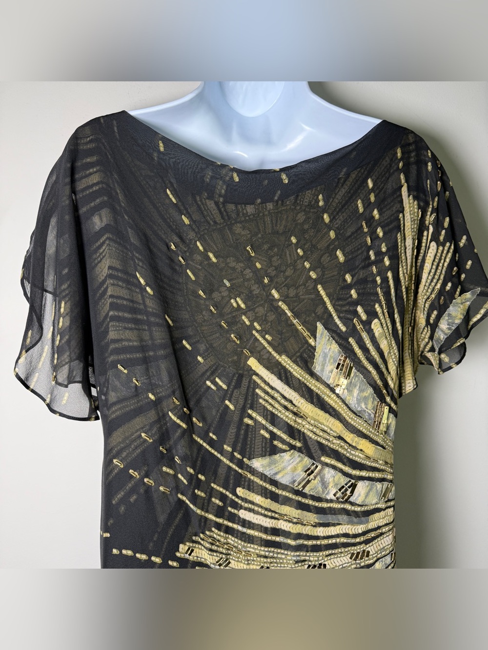 Diane von Furstenberg Silk Embellished Flutter Sleeve Dress Black Gold Art Deco - Picture 7 of 11